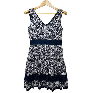Taylor Navy Blue and White Floral Sleeveless Cotton A-line Dress Women’s Size 4